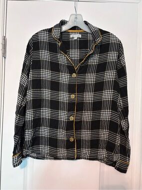 Seeing Stars Black & White Plaid Button-Up Top with Gold Trim 100% Rayon Size XS